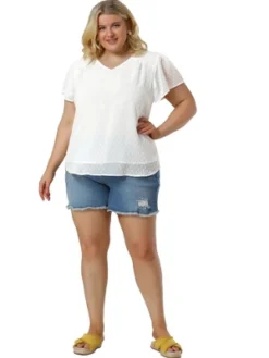 Agnes Orinda Women's Plus Size Pin Dots V Neck Smocked Bell Short Sleeve Top -Agnes Sales Store GUEST 742b4080 15fa 413a 8b22 208a4a3854a4