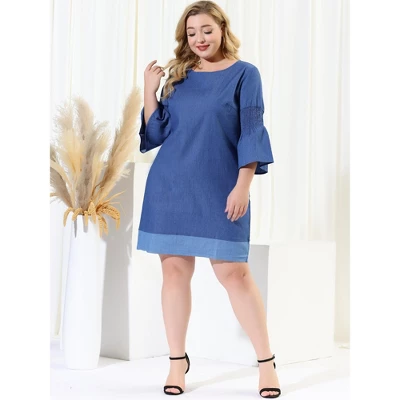Agnes Orinda Women's Plus Size Puff Sleeve Chambray Shift Dress 2 Agnes Orinda Women's Plus Size Puff Sleeve Chambray Shift Dress - Image 2
