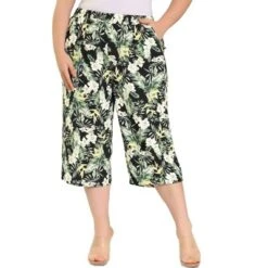 Agnes Orinda Women's Plus Size Floral Trouser Elastic Waist Casual Capri Pants