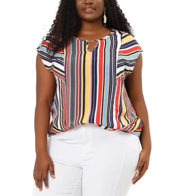 Agnes Orinda Women's Plus Size Blouse Keyhole Neck Cap Sleeve Stripe Top 1 Agnes Orinda Women's Plus Size Blouse Keyhole Neck Cap Sleeve Stripe Top