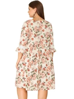 Agnes Orinda Women's Plus Size Retro V Neck Ruffle 3/4 Sleeve Floral Print Babydoll Flare Midi A Line Dresses -Agnes Sales Store GUEST 7549d5e0 13d2 4054 b457 f1f3e7c16ec1