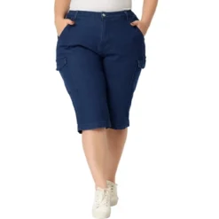 Agnes Orinda Women's Plus Size Jeans Zipper Slash Pocket Button Denim Cargo Shorts