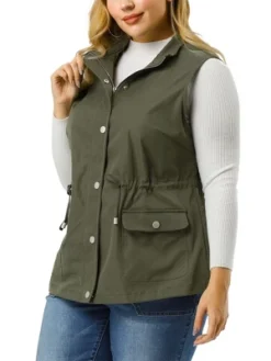 Agnes Orinda Women's Plus Size Utility Vest Cargo Pocket Drawstring Waist Sleeveless Jacket