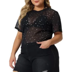Agnes Orinda Women's Plus Size Silver Star Club Mesh Sheer Trendy Crop Blouses