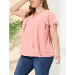 Agnes Orinda Women's Plus Size Elegant V Neck Layered Ruffle Summer Outfits Blouses