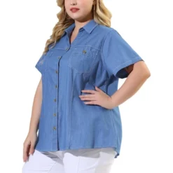 Agnes Orinda Women's Plus Size Jeans Short Sleeve Chest Pocket Button Down Denim Shirts -Agnes Sales Store GUEST 77482965 3162 495e ad93 f712c7443fc8