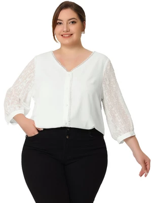 Agnes Orinda Women's Plus Size Spring Elegant Lace Sleeve Button-Down Blouse 2 Agnes Orinda Women's Plus Size Spring Elegant Lace Sleeve Button-Down Blouse - Image 2