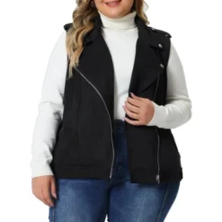 Agnes Orinda Women’s Plus Size Winter Lapel Zipper Utility Motorcycle Faux Suede Sleeveless Fashion Vests