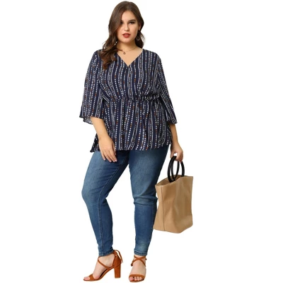 Agnes Orinda Women's Plus Size Peplum Fall V Neck Boho Striped Babydoll Blouses 2 Agnes Orinda Women's Plus Size Peplum Fall V Neck Boho Striped Babydoll Blouses - Image 2