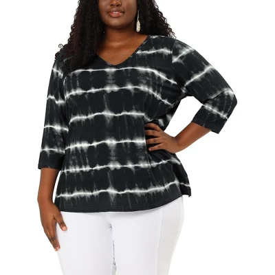 Agnes Orinda Women's Plus Size Tie Dye Side Slit 3/4 Sleeve Stripe V Neck Blouses 8 Agnes Orinda Women's Plus Size Tie Dye Side Slit 3/4 Sleeve Stripe V Neck Blouses - Image 8
