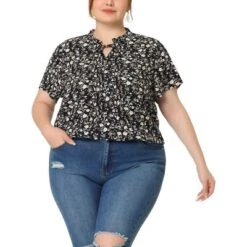 Agnes Orinda Women's Plus Size Self Tie Ruffle Pleated Floral Blouse -Agnes Sales Store GUEST 7a46f3b8 784b 4344 a6ff a4eaa1346f9f