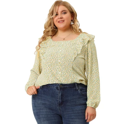 Agnes Orinda Women's Plus Size Blouses Long Sleeve Square Neck Ditsy Ruffle Floral Tops 3 Agnes Orinda Women's Plus Size Blouses Long Sleeve Square Neck Ditsy Ruffle Floral Tops - Image 3