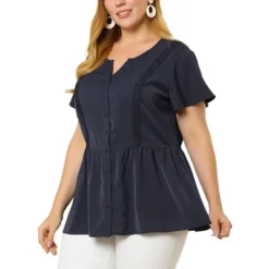 Agnes Orinda Women's Plus Size Shirt Bell Short Sleeve Button Down Collar Elastic Waist Flare Peplum Tops -Agnes Sales Store GUEST 7ba52781 f893 4fbb adfa 3aa520eb9937