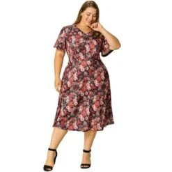Agnes Orinda Women's Plus Size Elegant Short Sleeve Floral Pattern Dress