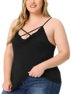 Agnes Orinda Plus Size Camisole For Women Contrast Lace Criss Cross V Neck Spaghetti Strap Top