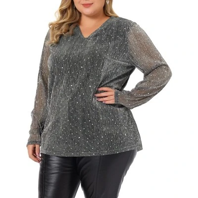 Agnes Orinda Women's Plus Size Rhinestone Glitter Sheer Long Sleeve V Neck Blouse 7 Agnes Orinda Women's Plus Size Rhinestone Glitter Sheer Long Sleeve V Neck Blouse - Image 7