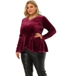 Agnes Orinda Women's Plus Size V Neck Tulip Hem Long Sleeve Peplum Velvet Tops -Agnes Sales Store GUEST 7e794c1e f4c9 434d adbb afbde256e309