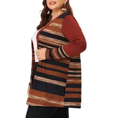 Agnes Orinda Women's Plus Size Long Open Front Striped Sweater Knit Cardigans 1 Agnes Orinda Women's Plus Size Long Open Front Striped Sweater Knit Cardigans
