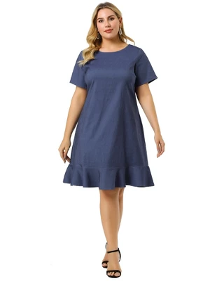 Agnes Orinda Women's Plus Size Cross Back Ruffle Hem Formal Chambray Dresses 2 Agnes Orinda Women's Plus Size Cross Back Ruffle Hem Formal Chambray Dresses - Image 2