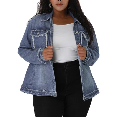Agnes Orinda Women's Plus Size Button Down Frayed Chest Pockets Short Denim Jacket 6 Agnes Orinda Women's Plus Size Button Down Frayed Chest Pockets Short Denim Jacket - Image 6