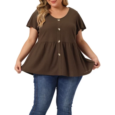 Agnes Orinda Women's Plus Size Summer Flare Sleeve Button Front Peplum Shirts 6 Agnes Orinda Women's Plus Size Summer Flare Sleeve Button Front Peplum Shirts - Image 6