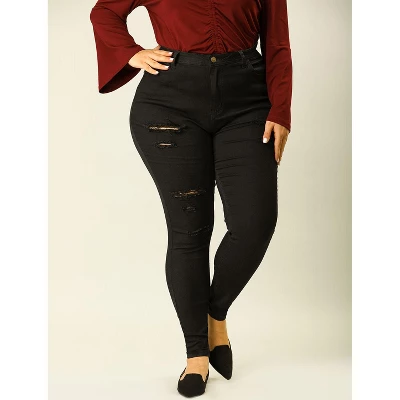 Agnes Orinda Women's Plus Size Mid Rise Zip Fly Skinny Ripped Jeans 1 Agnes Orinda Women's Plus Size Mid Rise Zip Fly Skinny Ripped Jeans