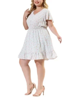 Agnes Orinda Women's Plus Size Dresses Floral Print Smocked Waist Flutter Sleeve Midi Dress