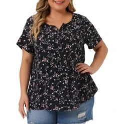 Agnes Orinda Women's Plus Size Floral Half Placket Short Sleeve Casual Pepium Blouse -Agnes Sales Store GUEST 8167d341 ee8c 4d92 b6c1 4214690dfc1f