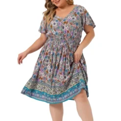 Agnes Orinda Women's Plus Size Fashion Boho Floral Smock Waist Outfits Midi Dresses -Agnes Sales Store GUEST 81805165 4c0d 41bd ae38 8db1642e362b