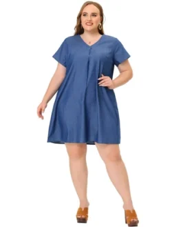 Agnes Orinda Women's Plus Size Solid Pleat V Neck Chambray Dress -Agnes Sales Store GUEST 81a0f940 99a9 4671 b2be 3c2184fdaeef