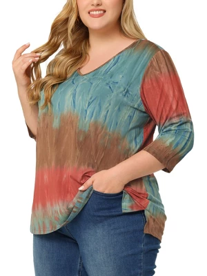 Agnes Orinda Women's Plus Size Tie Dye Side Slit 3/4 Sleeve Stripe V Neck Blouses 11 Agnes Orinda Women's Plus Size Tie Dye Side Slit 3/4 Sleeve Stripe V Neck Blouses - Image 11