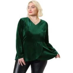Agnes Orinda Women's Plus Size V Neck Tulip Hem Long Sleeve Peplum Velvet Tops -Agnes Sales Store GUEST 81d161d1 6657 4e74 83d8 9dd5f12404bf