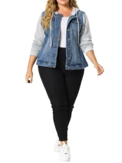 Agnes Orinda Women's Plus Size Denim Hood Drawstring Fall Winter Button Jean Jackets