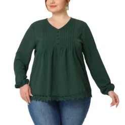 Agnes Orinda Women's Plus Size Fashion Pleated V Neck Long Sleeve Solid Blouses -Agnes Sales Store GUEST 822bbfc9 6d98 42b8 9847 7f3534d4f8e6