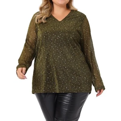 Agnes Orinda Women's Plus Size Rhinestone Glitter Sheer Long Sleeve V Neck Blouse 5 Agnes Orinda Women's Plus Size Rhinestone Glitter Sheer Long Sleeve V Neck Blouse - Image 5