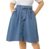 Agnes Orinda Women's Plus Size Denim Tie Waist Button Front A-Line Midi Skirts