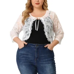 Agnes Orinda Women's Plus Size Shrug 3/4 Sleeves Lace Tie Neck Crop Bolero Cardigan -Agnes Sales Store GUEST 830a2a5d cf13 4dd3 98e0 e59be1cc9ed4
