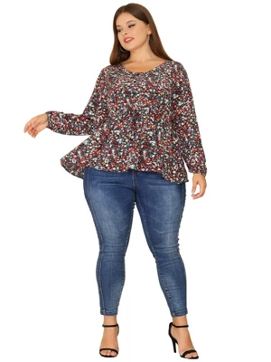 Agnes Orinda Women's Plus Size V Neck Button Up Ruffle Floral Long Sleeve Tunic Peplum Blouse 2 Agnes Orinda Women's Plus Size V Neck Button Up Ruffle Floral Long Sleeve Tunic Peplum Blouse - Image 2