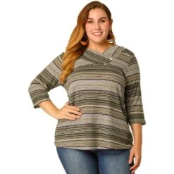 Agnes Orinda Women' S Plus Size 3/4 Sleeve V Neck Stripe Boho Knit Casual Blouse -Agnes Sales Store GUEST 83ddbb01 7480 4b37 967a 4f23c3a66590