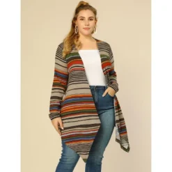Agnes Orinda Women's Plus Size Kimonos Boho Striped Open Front Cardigan