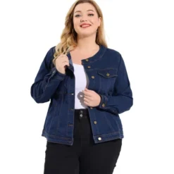 Agnes Orinda Women's Plus Size Jean Jacket Long Sleeves Collarless Denim Jacket