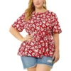 Agnes Orinda Women's Plus Size Ruffle Short Sleeve Chiffon Floral Blouse