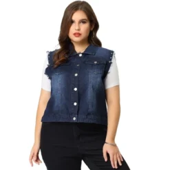 Agnes Orinda Women's Plus Jean Vest Chest Pockets Frayed Hem Single Breasted Denim Vest With Rivets -Agnes Sales Store GUEST 87765c1a 0a85 420f a0a6 7e9b4e65d46f
