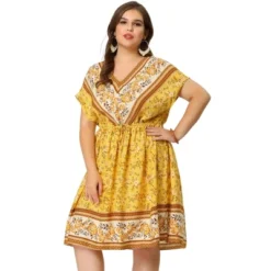 Agnes Orinda Women's Plus Boho Floral Pattern V Neck Drop Shoulder Drawstring Waist Dresses -Agnes Sales Store GUEST 87b1bb60 57f5 4967 a63b 48f190fc3587