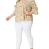 Agnes Orinda Women's Plus Size Pleated Ruffle 3/4 Sleeves V Neck Floral Blouse