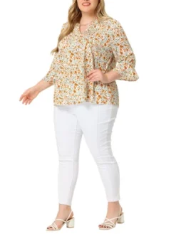 Agnes Orinda Women's Plus Size Pleated Ruffle 3/4 Sleeves V Neck Floral Blouse