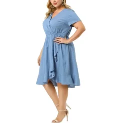 Agnes Orinda Women's Plus Size Faux Wrap Elastic Waist V Neck Chambray Ruffle Dress -Agnes Sales Store GUEST 87bb42e1 d33a 4d32 bd07 9230649c993c