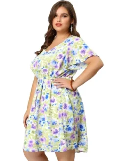 Agnes Orinda Women's Plus Dresses Floral Drawstring Waist V Neck Dress -Agnes Sales Store GUEST 87bbaf56 ee07 4a63 833f ee4a354bd5a8