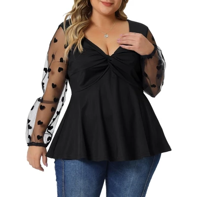 Agnes Orinda Women's Plus Size Heart Sheer Long Sleeve Mesh V Neck Peplum Blouse 1 Agnes Orinda Women's Plus Size Heart Sheer Long Sleeve Mesh V Neck Peplum Blouse