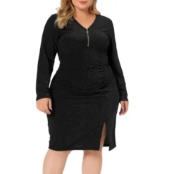 Agnes Orinda Women's Plus Size Long Sleeve V Neck Zipper Split Hem Sequin Ruched Pencil Bodycon Dress